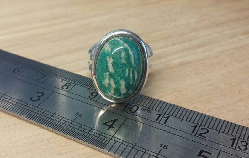 Silver plated Green Russian Amazonite ring. Statement ring. Virgo jewelry. Reiki jewelry uk. Adjustable ring image 4
