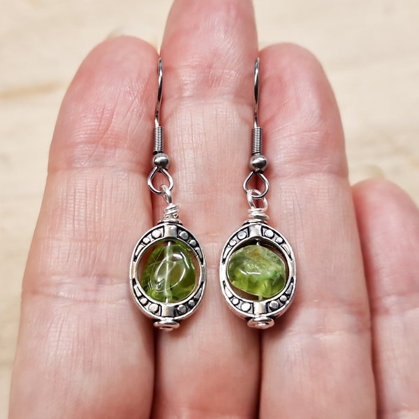 Peridot earrings. Green gemstone earrings. August birthstone. Reiki jewelry uk. Wire wrapped earring