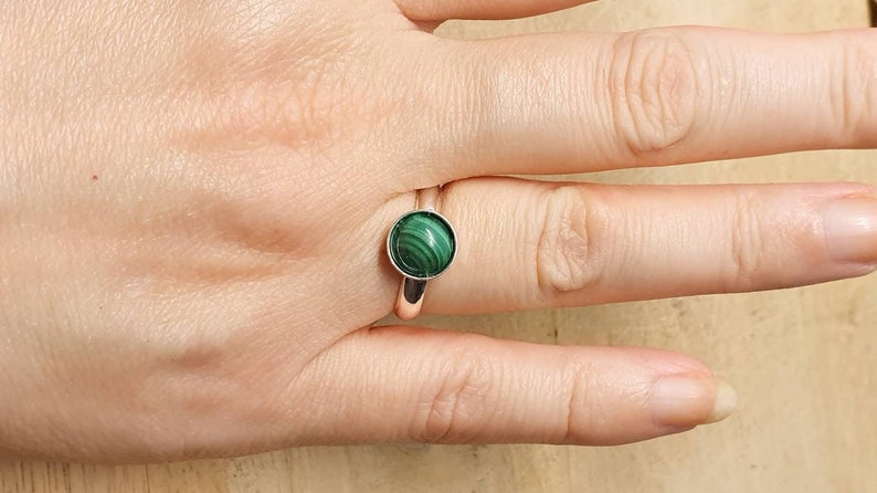 Green Malachite ring. 925 sterling silver. Reiki jewelry uk. Women's Adjustable ring. 8mm stone image 2