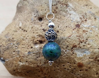 Small Azurite pendant necklace. Bali silver beads. Crystal Reiki jewelry uk.  10mm stone