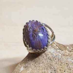 Purple Charoite ring. 925 sterling silver rings for women. Reiki jewelry uk. Violet Flame ring. Adjustable ring. 18x13mm gemstone image 6