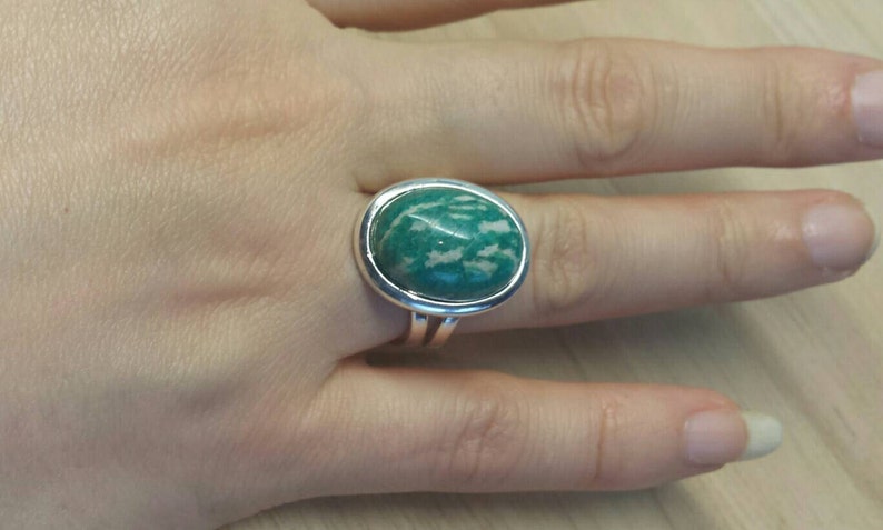Silver plated Green Russian Amazonite ring. Statement ring. Virgo jewelry. Reiki jewelry uk. Adjustable ring image 3