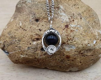 Small Rainbow Obsidian pendant. Reiki jewelry uk. Silver plated Wire wrapped pendant. Oval frame necklace. 10mm stone