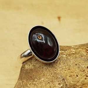 May include: A silver ring featuring a dark red oval gemstone set in a silver bezel. The gemstone has a small gold fleck in the centre.