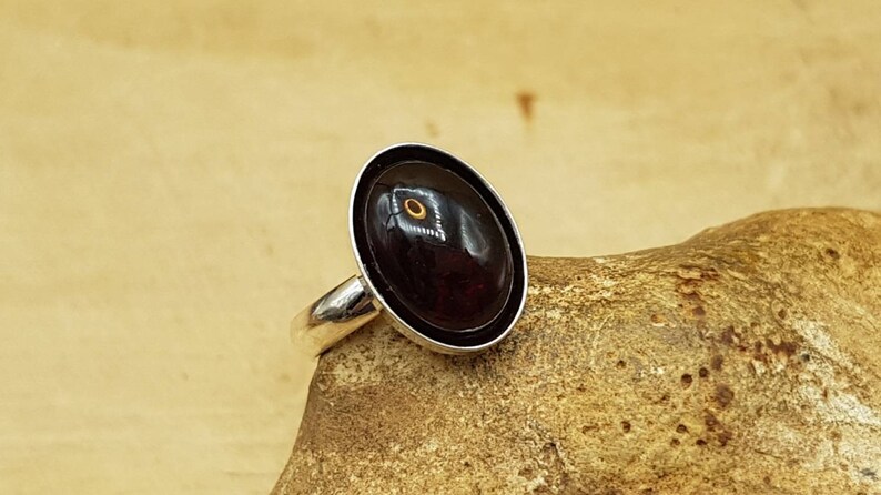 May include: A silver ring featuring a dark red oval gemstone set in a silver bezel. The gemstone has a small gold fleck in the centre.
