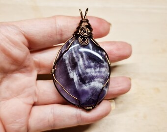 Large chevron Amethyst Pendant. Reiki jewelry uk. February birthstone. Unisex purple Wire wrap necklace