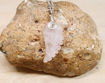 Rose Quartz angel wing pendant necklace. Silver plated Wire wrap jewelry uk. January Birthstone. 5th anniversary gemstone