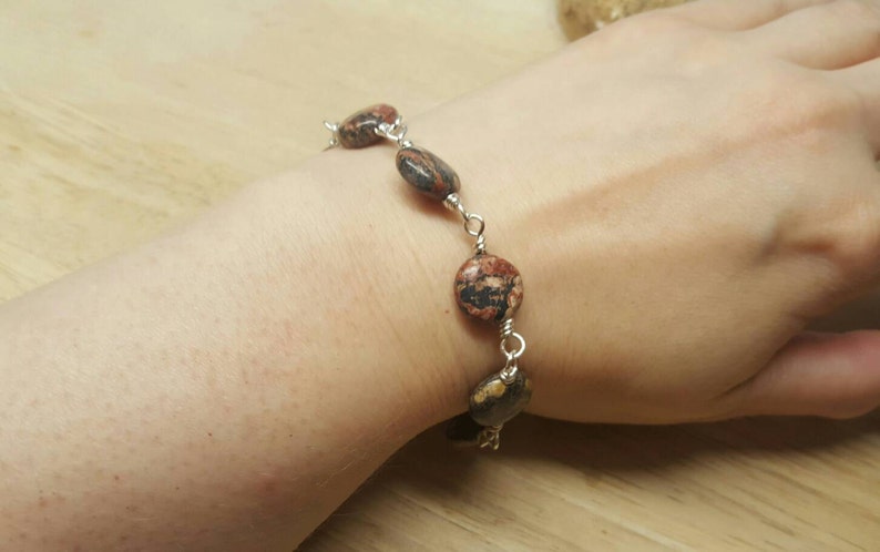 Leopardskin jasper bracelet. Reiki jewelry uk. Wire wrapped bracelet. Brown semi precious stone image 2