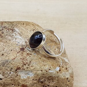 May include: A silver adjustable ring with a black oval gemstone.
