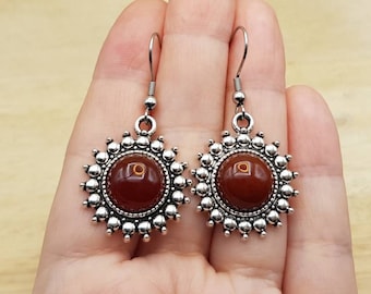 Large Boho red Carnelian earrings. July birthstone. 17th anniversary. Reiki jewelry uk. 12mm gemstone