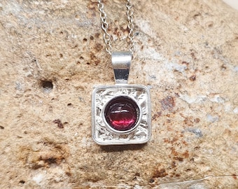 Tiny square Garnet pendant necklace. Reiki jewelry uk. January birthstone. Dark red 6mm 2nd anniversary Gemstone. Minimalist necklace