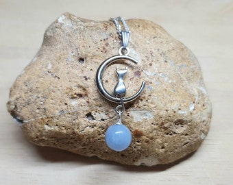 Crescent moon cat necklace Angelite pendant. Blue Reiki jewelry uk. Spirit animal. Boho hippie necklaces for women