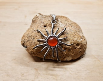 Red Carnelian sunburst pendant. Reiki jewelry uk. July birthstone. 17th anniversary gemstone. 12mm stone