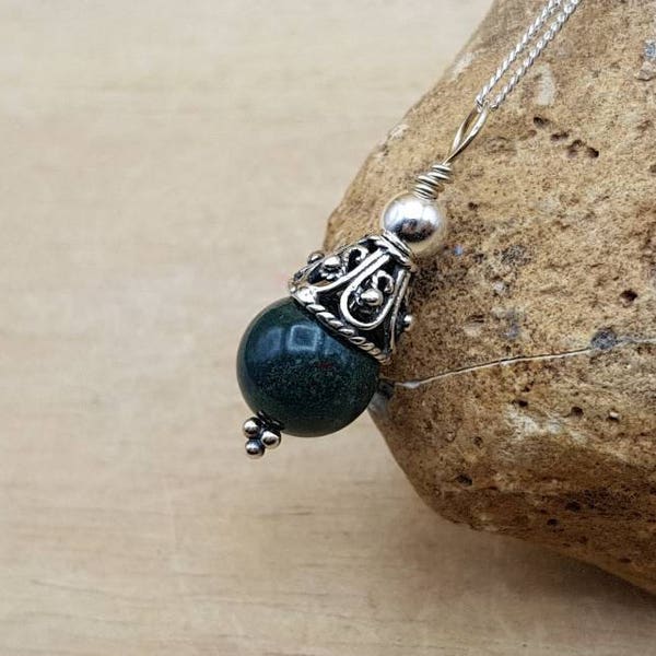 Small Bloodstone pendant. Bali silver. March birthstone necklace.  Reiki jewelry. Dark Green semi precious stone 10mm