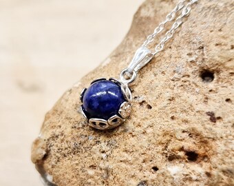 TIny Sapphire Pendant necklace. Leaf flower edging. September birthstone. 45th anniversary gemstone. 925 sterling silver necklaces for women