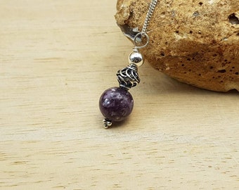 Purple Lepidolite pendant. Bali silver beads. Reiki jewelry uk. Libra jewelry. Minimalist cone necklace