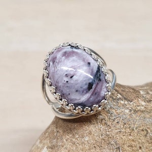 Purple Charoite ring. 925 sterling silver rings for women. Reiki jewelry uk. Violet Flame ring. Adjustable ring. 18x13mm gemstone image 1