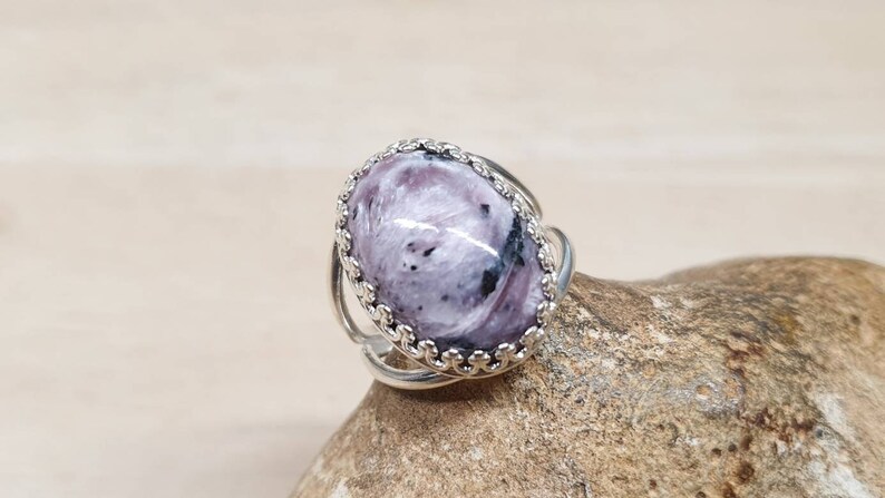 Purple Charoite ring. 925 sterling silver rings for women. Reiki jewelry uk. Violet Flame ring. Adjustable ring. 18x13mm gemstone image 1