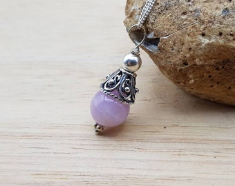 Pink Kunzite cone pendant necklace. Reiki jewelry uk. Minimalist Bali Silver bead pendant.