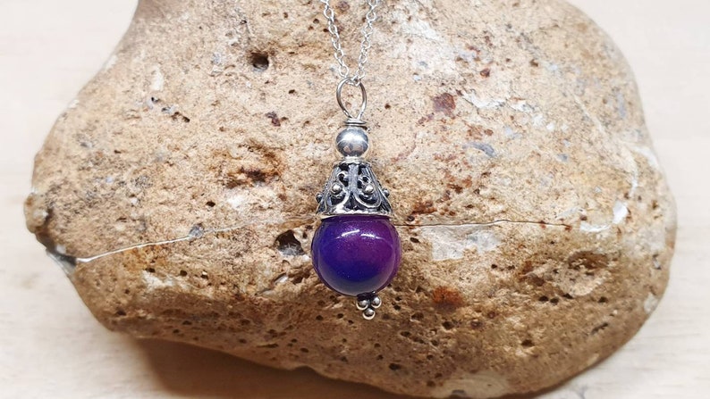 Purple Sugilite cone pendant necklace. Rare Reiki jewelry uk. Small Wire wrapped pendant. 10mm stone. Bali silver necklaces for women image 3