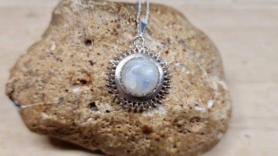 Rainbow Moonstone sun Pendant. Crystal Reiki jewelry. June's Birthstone pendant uk. 12mm stone. 925 sterling silver necklaces for women.