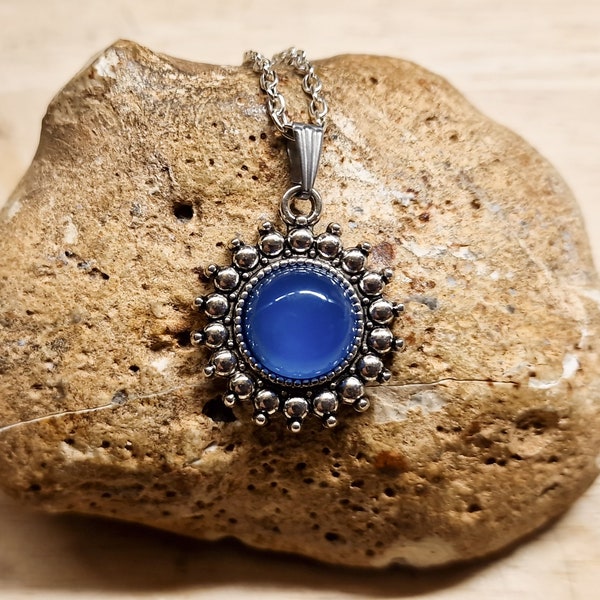 Boho round Blue Onyx Pendant necklace.  December Birthstone. Crystal Reiki jewelry uk. Boho chic jewellery. 12mm gemstone