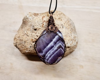 Large chevron Amethyst Pendant. Reiki jewelry uk. February birthstone. Unisex purple Wire wrap necklace