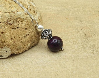 Small minimalist rare Sugilite sphere pendant necklace. Reiki jewelry uk. 10mm stone. Bali silver necklaces for women