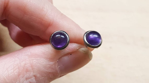 Hypoallergenic Amethyst stud earrings. Stainless steel small minimalist 6mm post earrings. Reiki jewelry uk. December birthstone