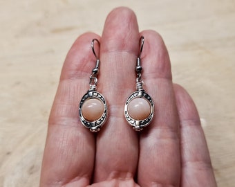 Pink Opal earrings. Reiki jewelry uk. 14th anniversary gemstone. October birthstone. Silver plated oval frame earrings