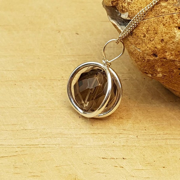 Small Smoky Quartz circle pendant necklace. Sterling silver. Reiki jewelry.  Minimalist 3D frame pendant uk. 10mm brown gemstone