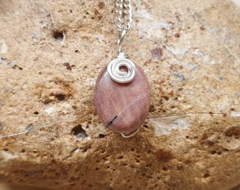 Small Rhodonite pendant. Pink Reiki jewelry. Taurus pendant. Silver plated Wire wrapped pendant uk. 17x12mm stone