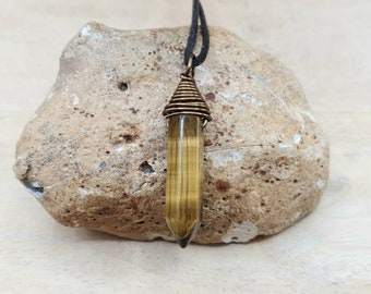 Mens Tigers eye point pendant necklace. Crystal Reiki jewelry . Hexagonal necklace. Unisex Capricorn jewelry. 30x9mm tiger eye stone