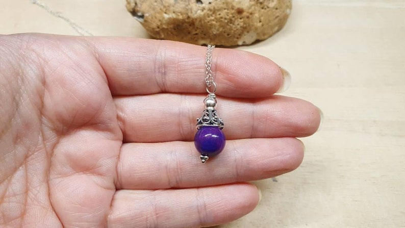 Purple Sugilite cone pendant necklace. Rare Reiki jewelry uk. Small Wire wrapped pendant. 10mm stone. Bali silver necklaces for women image 2