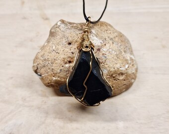 Large Brass Raw shungite pendant. Black Rare crystal necklace. Wire wrapped pendant. Reiki jewelry