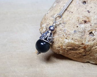 Rainbow Obsidian cone pendant necklace. Bali silver. Reiki jewelry uk. Black semi precious stone 10mm