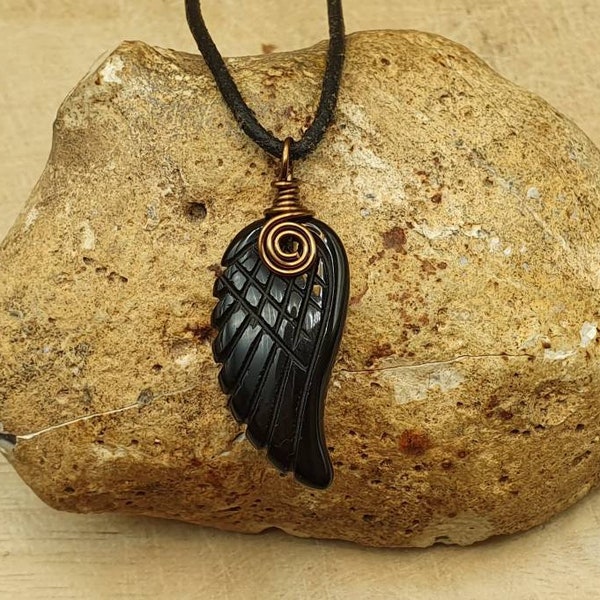 Mens Obsidian angel wing necklace. Black Reiki jewelry uk.  Virgo jewelry. Unisex angel wing Wire wrapped pendant. 30x15mm stone