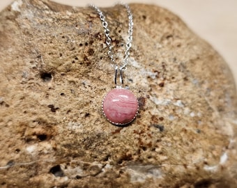 Tiny Rhodochrosite necklace. 8mm minimalist 925 sterling silver. Reiki jewelry uk. Pink semi precious pendant