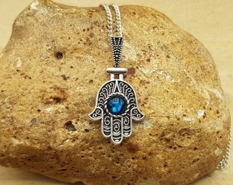 Blue Abalone hamsa pendant. Blue Paua shell necklace. Reiki jewelry uk. Silver plated