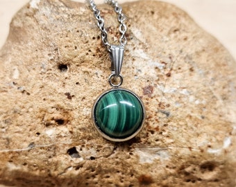 Hypoallergenic Malachite pendant necklace. Round Stainless steel Minimalist necklaces for women. Green Crystal Reiki jewelry. 12mm gemstone