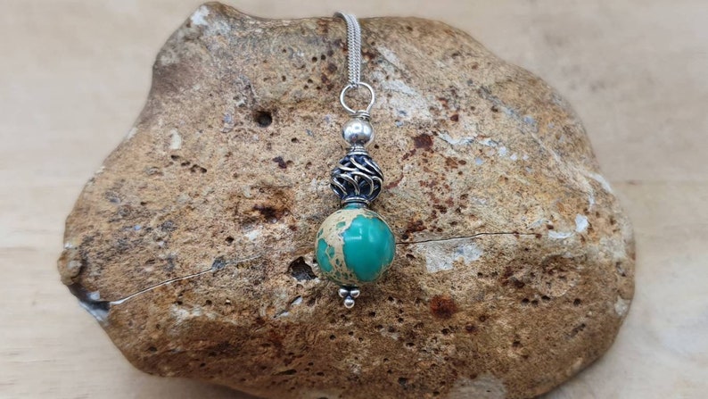 Green jasper pendant necklace. Sea sediment jasper Reiki jewelry uk. 10mm stone. Bali silver bead Small Minimalist necklaces for women image 8
