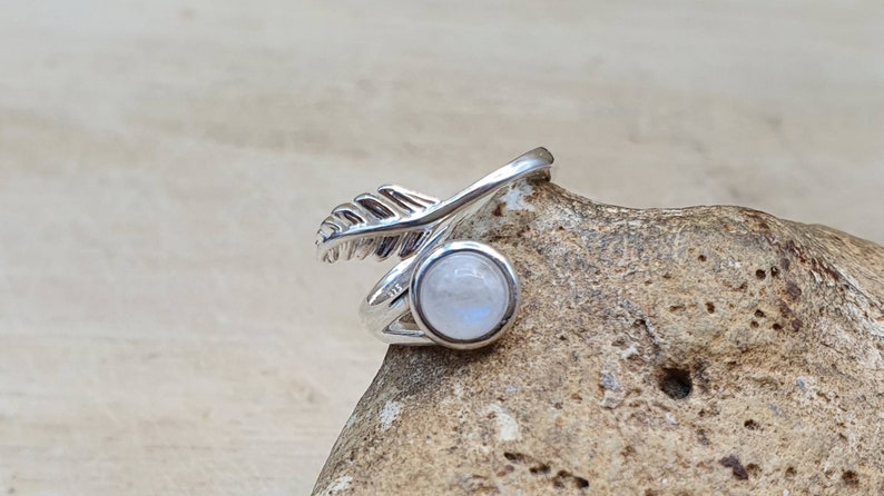 6mm stone 925 sterling silver Crystal Reiki jewelry Rainbow moonstone leaf ring Adjustable ring June Birthstone ring