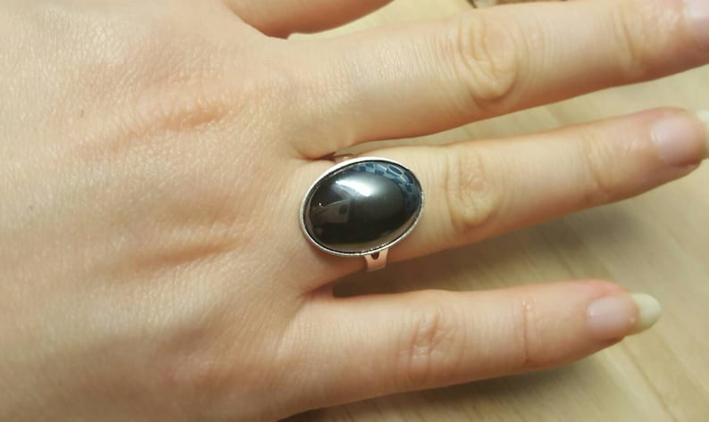 Grey semi precious stone 18x13mm 925 sterling silver rings for women Hematite ring Adjustable ring uk Reiki jewelry