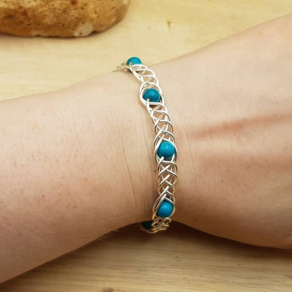 Celtic knot Turquoise Cuff bracelet. Reiki jewelry. December Birthstone. Silver filled wire wrap Celtic weave Adjustable bracelet uk