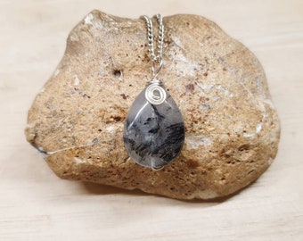 Black Rutilated quartz pendant. Crystal Reiki jewelry. Silver plated Wire wrapped pendant uk. 25x18mm teardrop stone