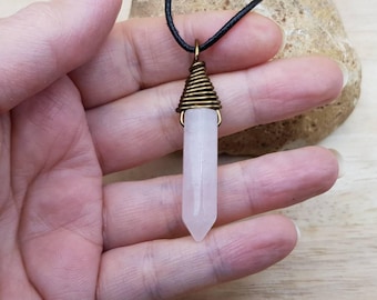 Mens Rose Quartz Pendant. Unisex Crystal necklace. 5th anniversary gemstone. January Birthstone. Wire wrap pendant. Hexagonal point 30x9mm