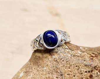 Celtic knot Lapis Lazuli ring. September birthstone. Reiki jewelry. Blue 8x6mm gemstone. UK size N. 925 sterling silver rings for women