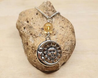 Sun moon Citrine necklace. Crystal Reiki jewelry uk. November birthstone. Silver plated pendant. 10mm stone. Boho hippie jewellery