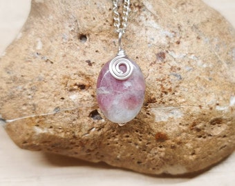 Pink Tourmaline pendant. October birthstone. Reiki jewelry uk. 18x12mm Wire wrapped necklace
