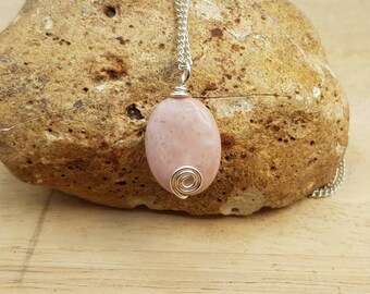 Simple oval Pink Rhodonite pendant necklace. Taurus Reiki jewelry. Silver plated Wire wrapped pendant uk. 20x15mm stone